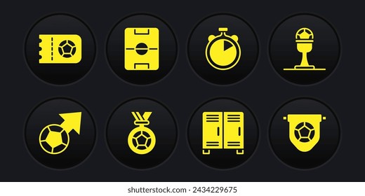 Set Soccer football ball, Award cup and, Football or soccer medal, Locker changing room, Stopwatch, field, flag pennant and ticket icon. Vector