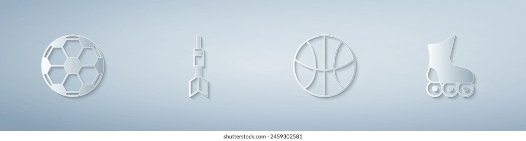 Set Soccer football ball, Dart arrow, Basketball and Roller skate. Paper art style. Vector