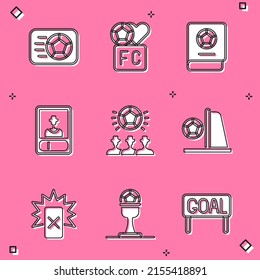 Set Soccer football ball, Fan club, Football learning book, or soccer card, goal with, Red and Award cup and icon. Vector
