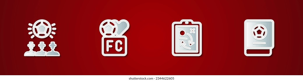 Set Soccer football ball, Fan club, Planning strategy concept and Football learning book icon. Vector