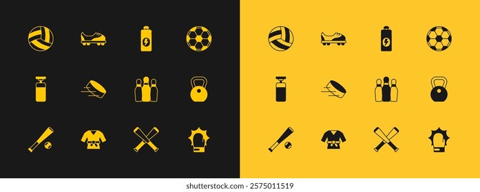 Set Soccer football ball, Kimono, Bowling pin, Crossed baseball bat, Hockey puck, Fitness shaker, Volleyball and Football shoes icon. Vector