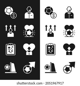 Set Soccer football ball, Football or soccer player, commentator, Planning strategy concept,  and goal with icon. Vector