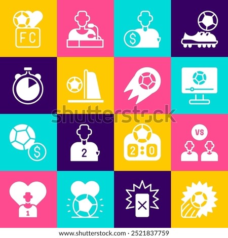 Set Soccer football ball, Football or soccer player, match on TV, Buy, goal with, Stopwatch, Fan club and  icon. Vector