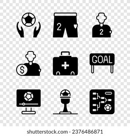 Set Soccer football ball, Shorts for playing, Football soccer player, match on TV, Award cup and, Championship tournament bracket, Buy and First aid kit icon. Vector