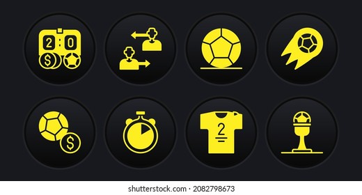 Set Soccer football ball, Stopwatch, Football jersey and t-shirt, Substitution player, Award cup and betting money icon. Vector