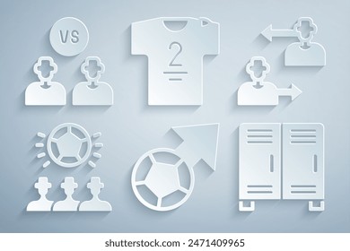 Set Fútbol, Jugador de sustitución, Vestuario o vestuario, Camiseta de fútbol y camiseta e icono de fútbol. Vector