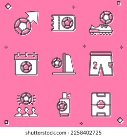 Set Soccer football ball, Football or soccer ticket, shoes, calendar, goal with, Shorts for playing,  and Air horn icon. Vector