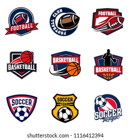 Set of soccer football and basketball badge logo design emblem. Sport with ball vector illustration collection