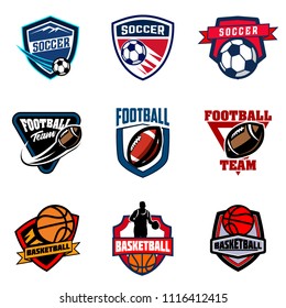 Set of soccer football and basketball badge logo design emblem. Sport with ball vector illustration collection