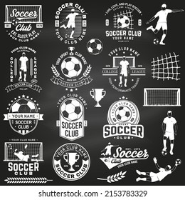 Set of soccer, football club badge design. Vector illustration. For football club sign, logo. Vintage monochrome label, sticker, patch, goalkeeper and gate with soccer and football player silhouettes.