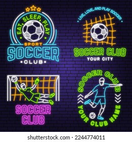 Set of Soccer, football club Bright Neon Sign. Vector illustration. For college league football club sign, logo. Neon emblem label, sticker, patch with soccer and football player silhouettes.