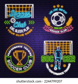 Set of Soccer, football club Bright Neon Sign. Vector illustration. For college league football club sign, logo. Neon emblem label, sticker, patch with soccer and football player silhouettes.