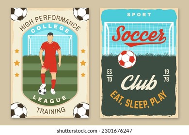 Set of soccer, football club retro poster, banner design. Vector illustration. For football club sport design with soccer and football player silhouettes.