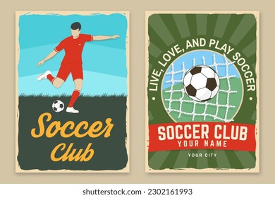 Set of soccer, football club retro poster, banner design. Vector illustration. For football club sport design with soccer and football player silhouettes.