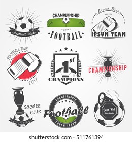 Set of Soccer Football Club. Sport Team. Detailed elements. Old retro vintage grunge. Typographic labels, stickers, logos and badges. Flat vector illustration