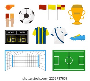 Set of Soccer football elements isolated on white background.