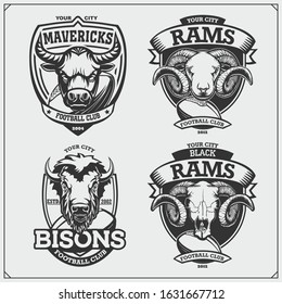 Set of soccer and football emblems, badges, logos and labels with bull, bison and ram. Print design for t-shirts.
