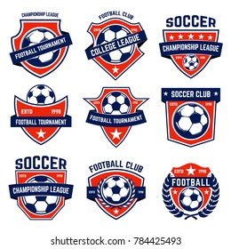 Set of soccer, football emblems. Design element for logo, label, emblem, sign. Vector illustration