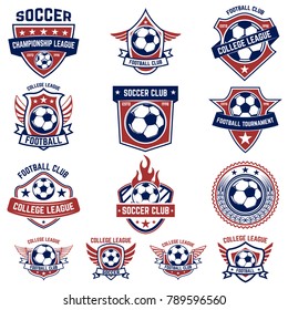 Set of soccer, football emblems. Design element for logo, label, emblem, sign. Vector illustration