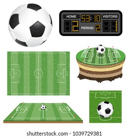 Set soccer football field with ball, scoreboard, flag, and goal. Realistic and flat icons. Isolated vector illustration