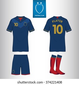Set of soccer or football jersey template for your football club in retro style. Front and back view. Vector Illustration