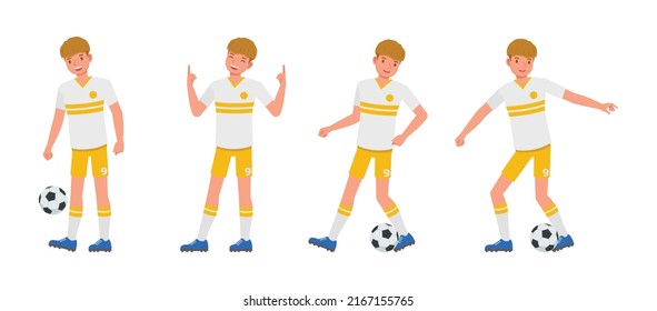 Set of Soccer and football player man character vector design. Presentation in various action with emotions, running, standing and walking.