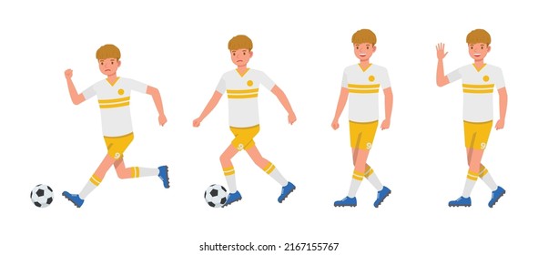 Set of Soccer and football player man character vector design. Presentation in various action with emotions, running, standing and walking.