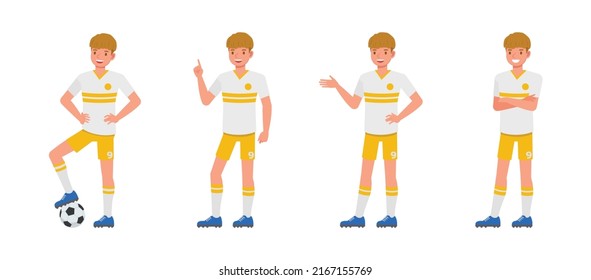 Set of Soccer and football player man character vector design. Presentation in various action with emotions, running, standing and walking.