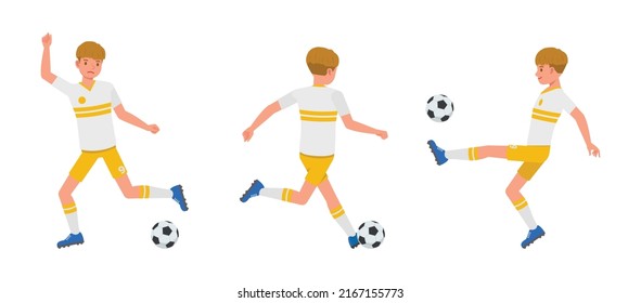 Set of Soccer and football player man character vector design. Presentation in various action with emotions, running, standing and walking.