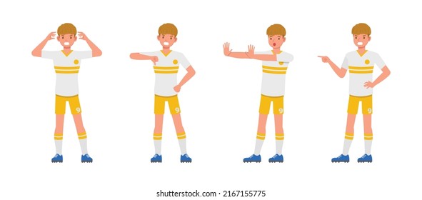 Set of Soccer and football player man character vector design. Presentation in various action with emotions, running, standing and walking.
