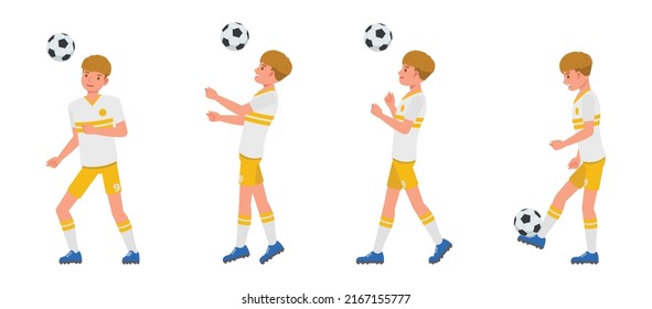 Set of Soccer and football player man character vector design. Presentation in various action with emotions, running, standing and walking.