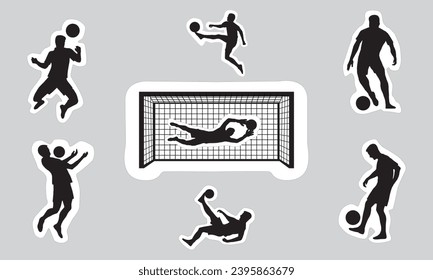 Set of soccer football player silhouettes in sticker design, flat vector shapes