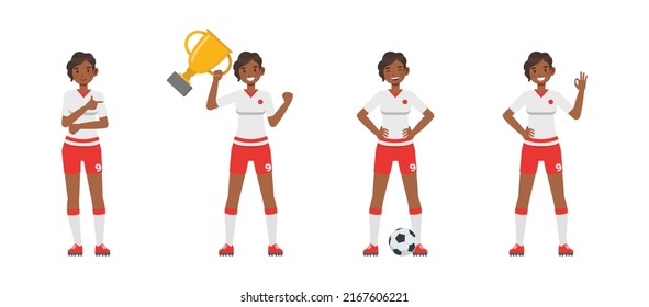 Set of Soccer and football player woman character vector design. Presentation in various action with emotions, running, standing and walking.