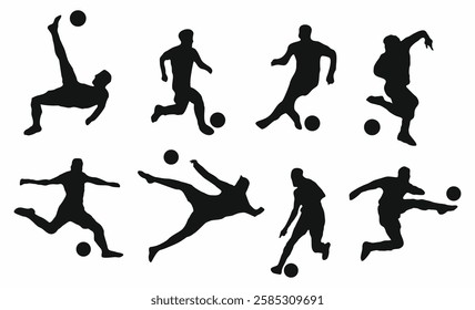 Set of Soccer football players black vector silhouettes isolated on white background