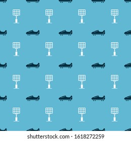 Set Soccer or football shoes with spikes and Bright stadium lights on seamless pattern. Vector