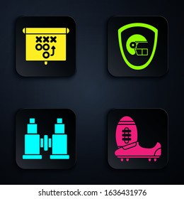 Set Soccer or football shoes with spikes, Planning strategy concept, Binoculars and American football helmet and shield. Black square button. Vector