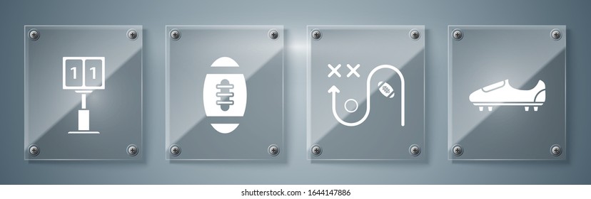 Set Soccer or football shoes with spikes, Planning strategy concept, American Football ball and Sport football mechanical scoreboard and result display. Square glass panels. Vector