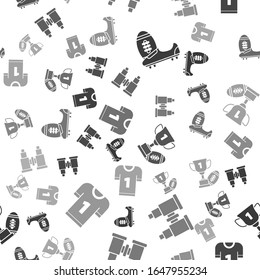 Set Soccer or football shoes with spikes, Binoculars, Award cup and American football ball and American football jersey on seamless pattern. Vector