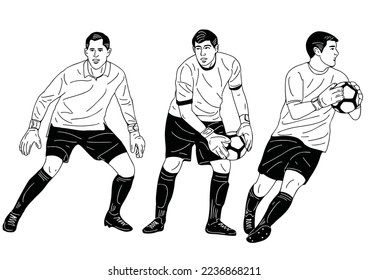 set , Soccer goalkeeper catches the ball. hand drawn art Flat Vector illustration