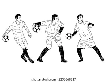 set , Soccer goalkeeper catches the ball. hand drawn art Flat Vector illustration