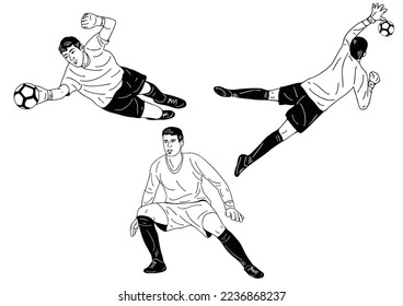 set , El portero de fútbol agarra la pelota. ilustración de pantalla plana