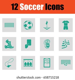 Set of soccer icons. Green on gray design. Vector illustration.