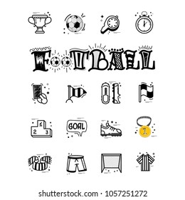 A set of soccer icons and lettering football, in a cartoon style doodle, completely handmade.