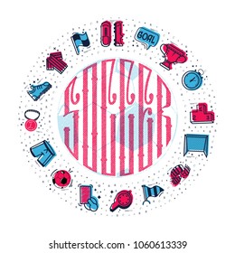 A set of soccer icons and lettering in a football, in a cartoon style doodle, completely handmade.
