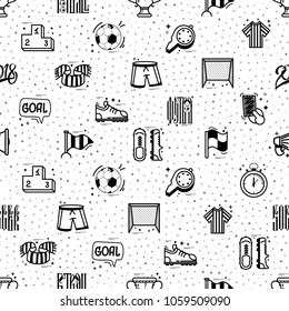 A set of soccer icons - seamless pattern, in a cartoon style doodle, completely handmade.