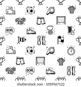 A set of soccer icons - seamless pattern, in a cartoon style doodle, completely handmade.