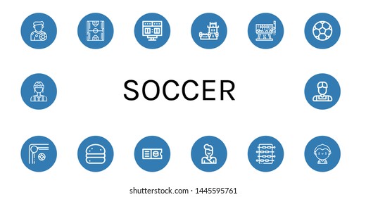 Set of soccer icons such as Footballer, Soccer field, Scoreboard, Belem tower, Raffle, Soccer ball, Billiard, Bola de berlim, Ticket, Judo, Foosball, player, Referee ,