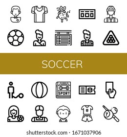 Set of soccer icons. Such as Soccer player, Soccer ball, Sport shirt, Judo, Whistle, Scoreboard, Referee, Billiard, Ball, Football player, Athlete, Sport, Ticket , icons