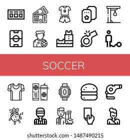 Set of soccer icons such as Scoreboard, Football field, Tickets, Footballer, Sport, Belem tower, Ticket, Whistle, Punching ball, Ball, Sport shirt, Referee, Kneepad, Football player , soccer