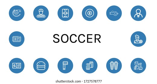 Set of soccer icons. Such as Whistle, Athlete, Football field, Billiard, Tickets, Bola de berlim, Scarf, Shin, Football player, Ticket , soccer icons